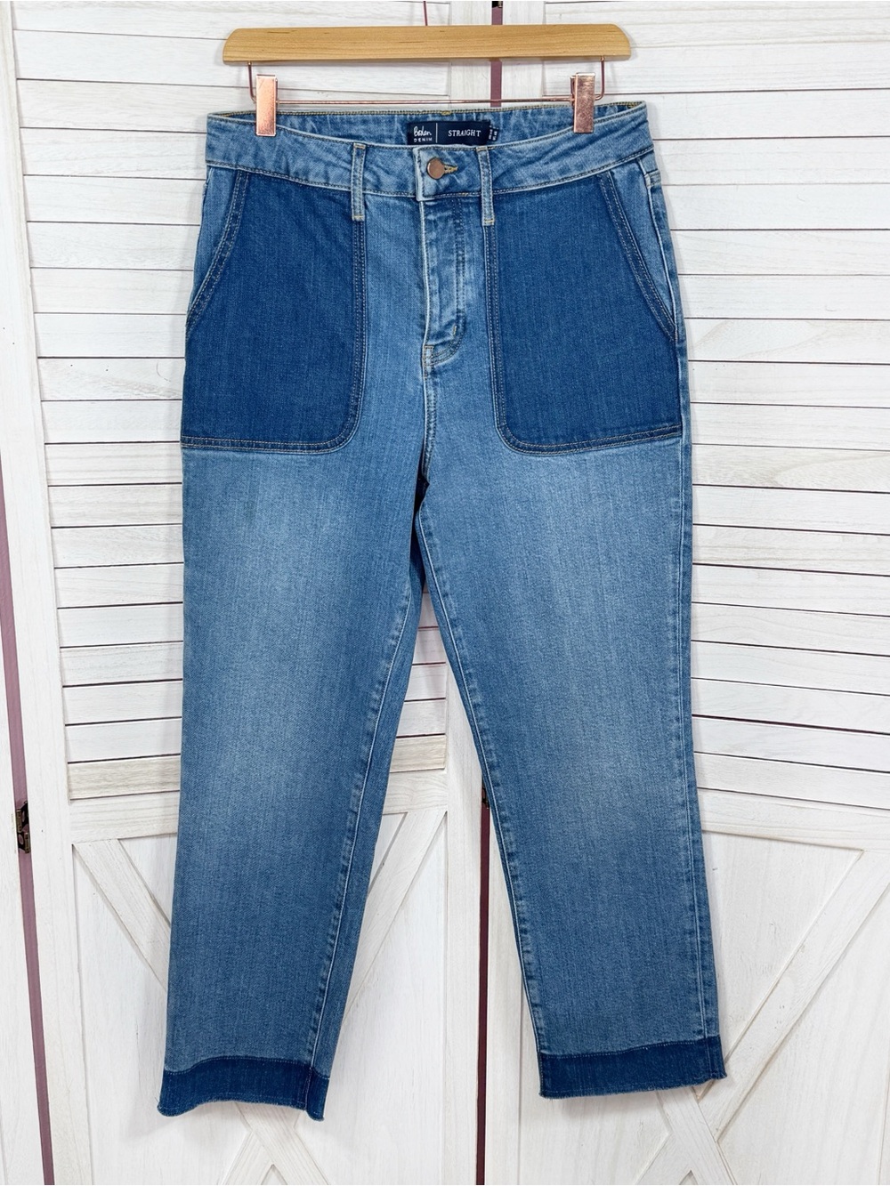 Boden Two Tone Colorblock Straight Leg Raw Hem Button Fly Jeans Blue 8 Crop